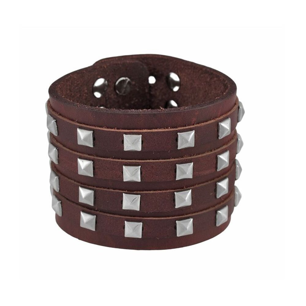 Brown Leather 4 Row Pyramid Studded Wristband Bracelet